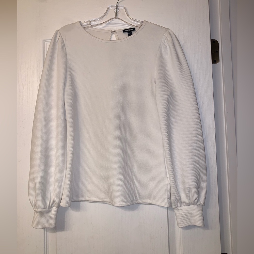 Express Cream Textured Long Sleeve Puff-Sleeve Top